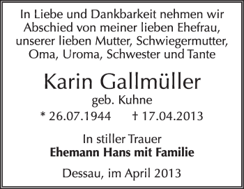 Traueranzeige von Karin Gallmüller von Super Sonntag Dessau / Köthen