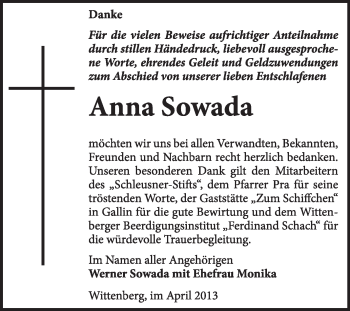 Traueranzeige von Anna Sowada von WVG - Wochenspiegel Wittenberg