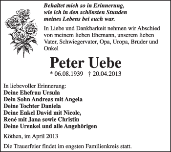 Traueranzeige von Peter Uebe von Super Sonntag Dessau / Köthen