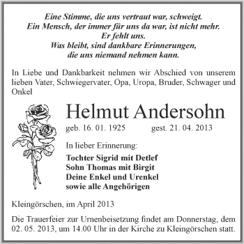 Traueranzeige von Helmut Andersohn von Super Sonntag Merseburg