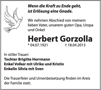 Traueranzeige von Herbert Gorzolla von Super Sonntag Dessau / Köthen