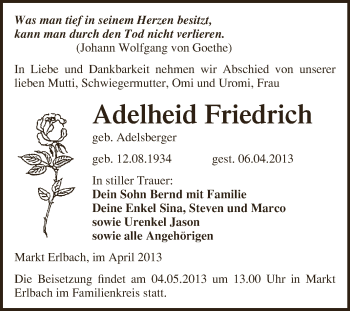 Traueranzeige von Adelheid Friedrich von Super Sonntag Zeitz