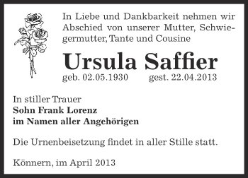 Traueranzeige von Ursula Saffier von Super Sonntag Bernburg