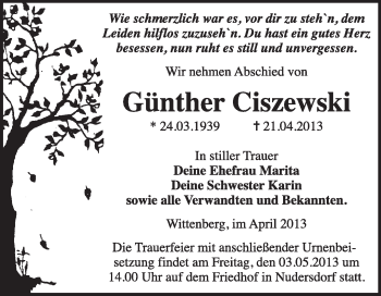 Traueranzeige von Günther Ciszewski von WVG - Wochenspiegel Wittenberg