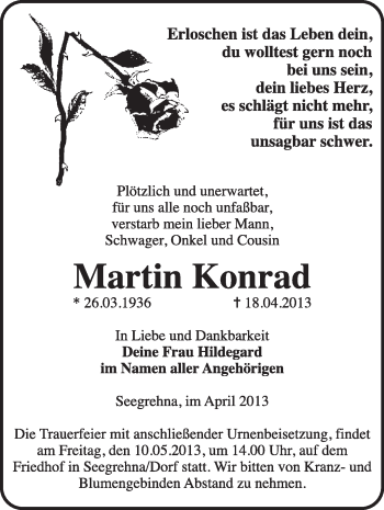 Traueranzeige von Martin Konrad von WVG - Wochenspiegel Wittenberg