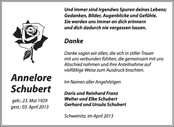 Traueranzeige von Annelore Schubert von WVG - Wochenspiegel Wittenberg