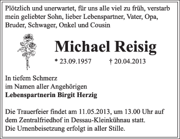 Traueranzeige von Michael Reisig von Super Sonntag Dessau / Köthen
