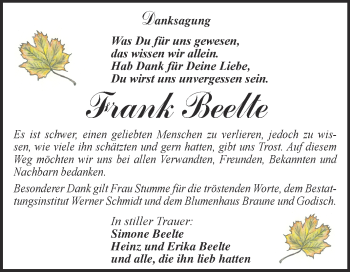 Traueranzeige von Frank Beelte von Super Sonntag Quedlinburg