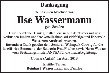 Traueranzeige von Ilse Wassermann von Super Sonntag Wittenberg