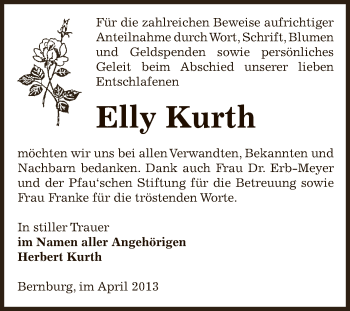 Traueranzeige von Elly Kurth von Super Sonntag Bernburg