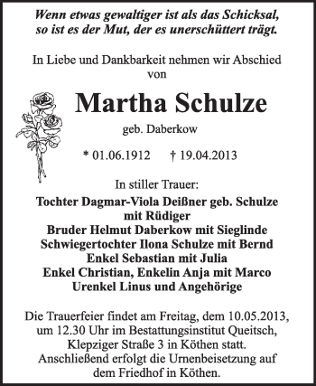 Traueranzeige von Martha Schulze von Super Sonntag Dessau / Köthen