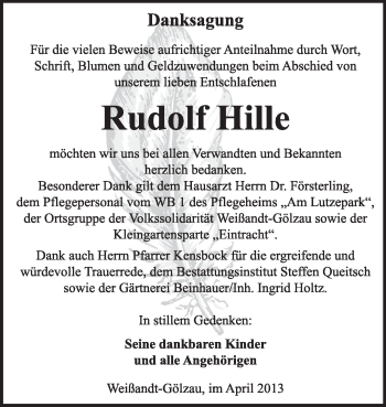 Traueranzeige von Rudolf Hille von Super Sonntag Dessau / Köthen