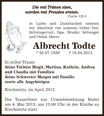 Traueranzeige von Albrecht Todte von Super Sonntag Zeitz