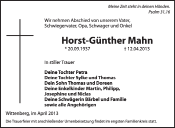Traueranzeige von Horst-Günther Mahn von Super Sonntag Wittenberg