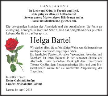 Traueranzeige von Helga Bartel von Super Sonntag Merseburg