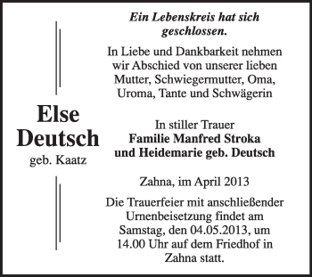 Traueranzeige von Else Deutsch von Super Sonntag Wittenberg
