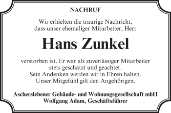 Traueranzeige von Hans Zunkel von Super Sonntag Aschersleben