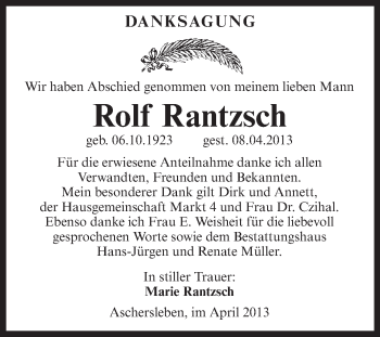 Traueranzeige von Rolf Rantzsch von Super Sonntag Aschersleben