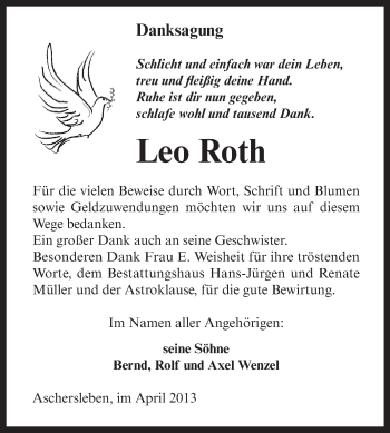 Traueranzeige von Leo Roth von Super Sonntag Aschersleben