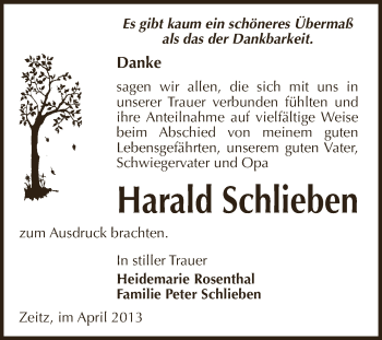 Traueranzeige von Harald Schlieben von Super Sonntag Zeitz
