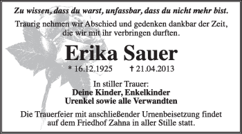 Traueranzeige von Erika Sauer von Super Sonntag Wittenberg