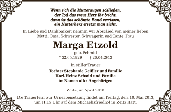 Traueranzeige von Marga Etzold von Super Sonntag Zeitz