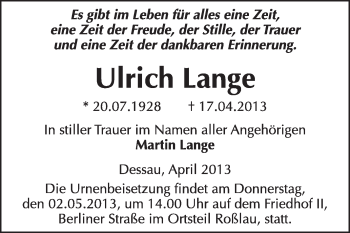 Traueranzeige von Ulrich Lange von Super Sonntag Dessau / Köthen