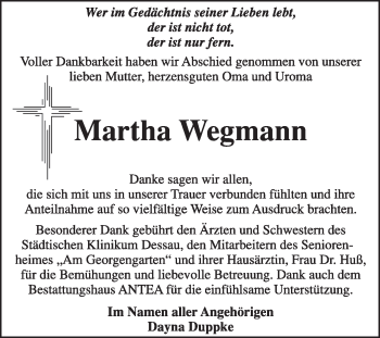 Traueranzeige von Martha Wegmann von Super Sonntag Dessau / Köthen