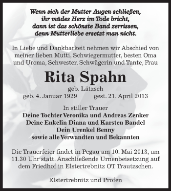 Traueranzeige von Rita Spahn von Super Sonntag Zeitz