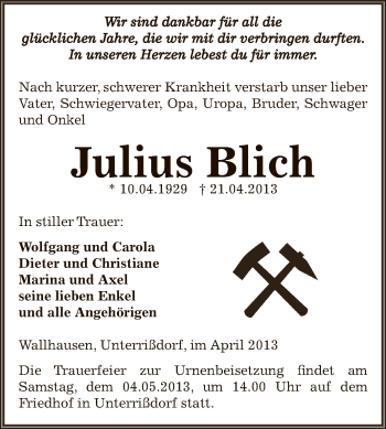 Traueranzeige von Julius Blich von Super Sonntag SGH Mansf. Land