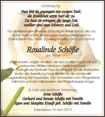 Traueranzeige von Rosalinde Schöße von Super Sonntag SGH Mansf. Land