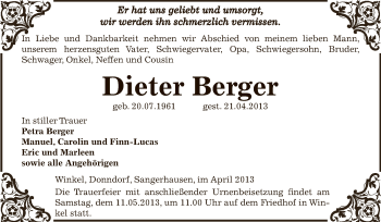 Traueranzeige von Dieter Berger von Super Sonntag SGH Mansf. Land