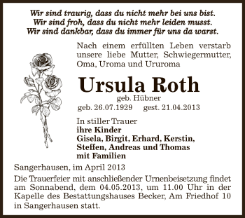 Traueranzeige von Ursula Roth von Super Sonntag SGH Mansf. Land