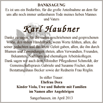 Traueranzeige von Karl Haubner von Super Sonntag SGH Mansf. Land