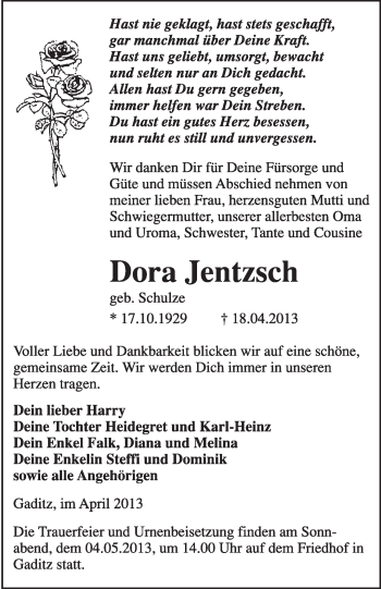Traueranzeige von Dora Jentzsch von WVG - Wochenspiegel Wittenberg