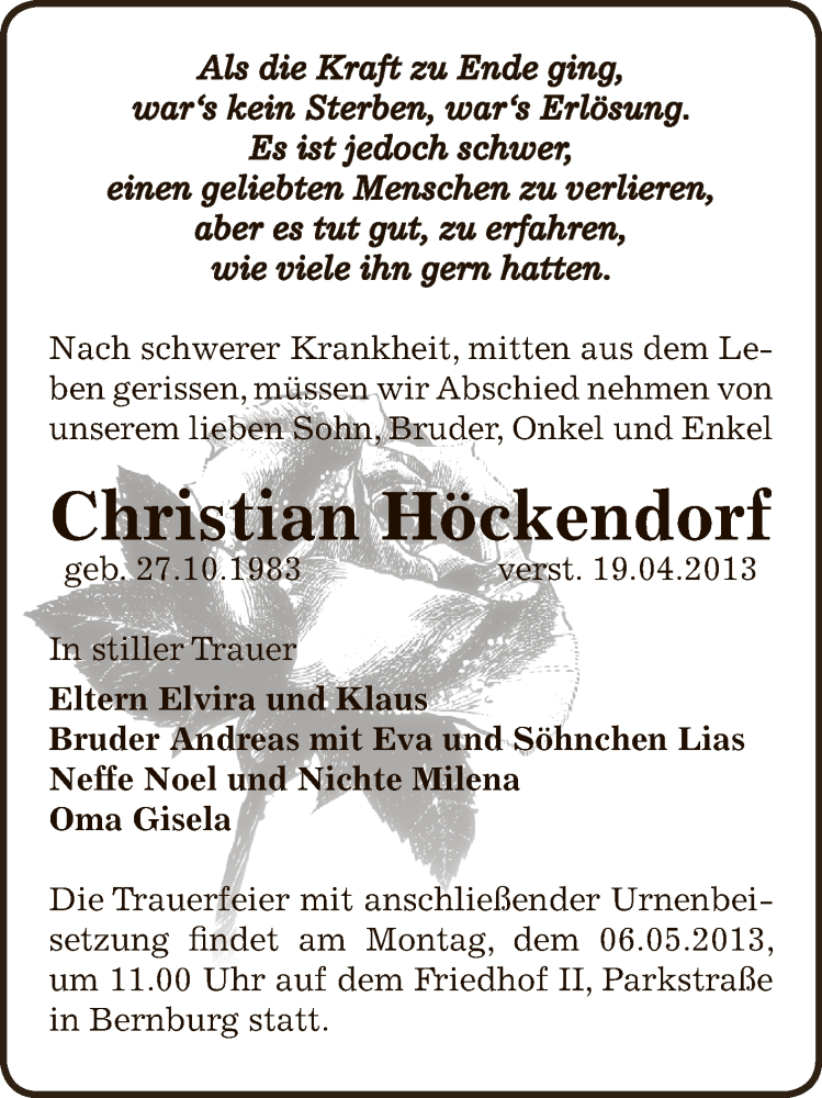  Traueranzeige für Christian Höckendorf vom 28.04.2013 aus Super Sonntag Bernburg