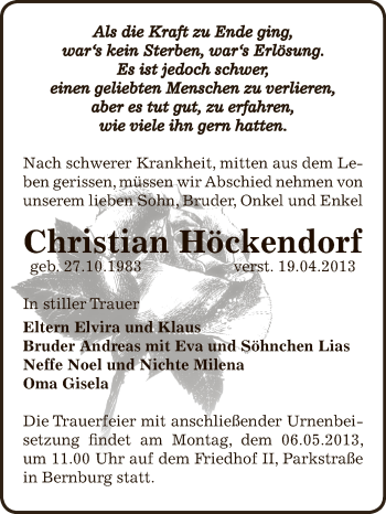Traueranzeige von Christian Höckendorf von Super Sonntag Bernburg