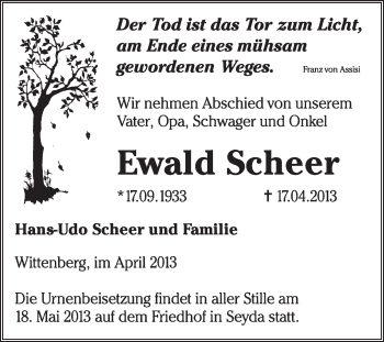 Traueranzeige von Ewald Scheer von WVG - Wochenspiegel Wittenberg