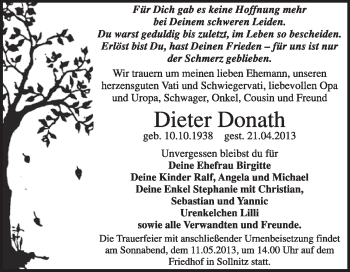 Traueranzeige von Dieter Donath von Super Sonntag Dessau / Köthen