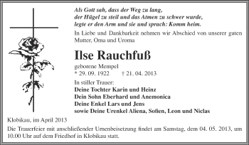 Traueranzeige von Ilse Rauchfuß von WVG - Wochenspiegel Merseburg