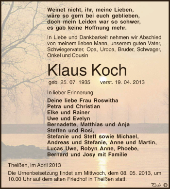 Traueranzeige von Klaus Koch von Super Sonntag Zeitz