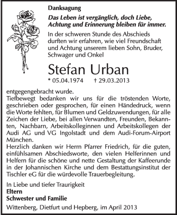 Traueranzeige von Stefan Urban von WVG - Wochenspiegel Wittenberg