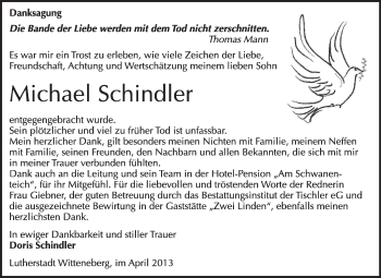 Traueranzeige von Michael Schindler von WVG - Wochenspiegel Wittenberg