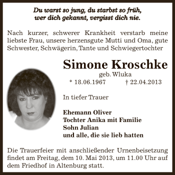 Traueranzeige von Simone Kroschke von Super Sonntag Bernburg