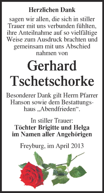 Traueranzeige von Gerhard Tschetschorke von WVG - Wochenspiegel Merseburg