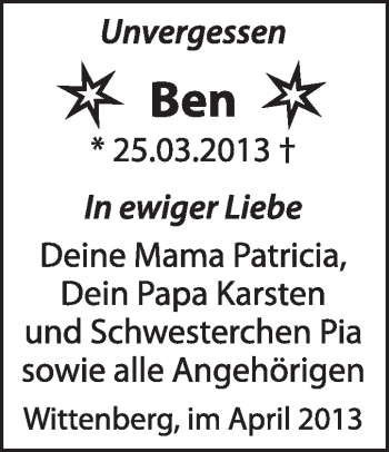 Traueranzeige von Ben  von Super Sonntag Wittenberg