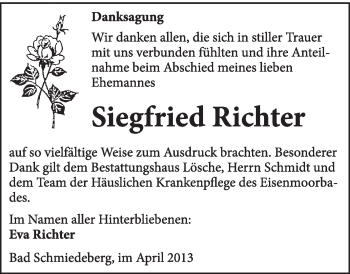 Traueranzeige von Siegfried Richter von WVG - Wochenspiegel Wittenberg