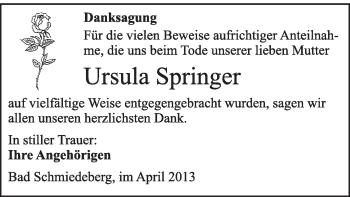 Traueranzeige von Ursula Springer von WVG - Wochenspiegel Wittenberg