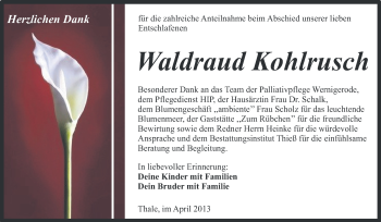 Traueranzeige von Waldraud Kohlrusch von WVG - Wochenspiegel Quedlinburg