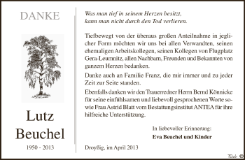 Traueranzeige von Lutz Beuchel von Super Sonntag Zeitz